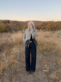DAXUEN Dark indigo wide-leg denim jeans — model photo