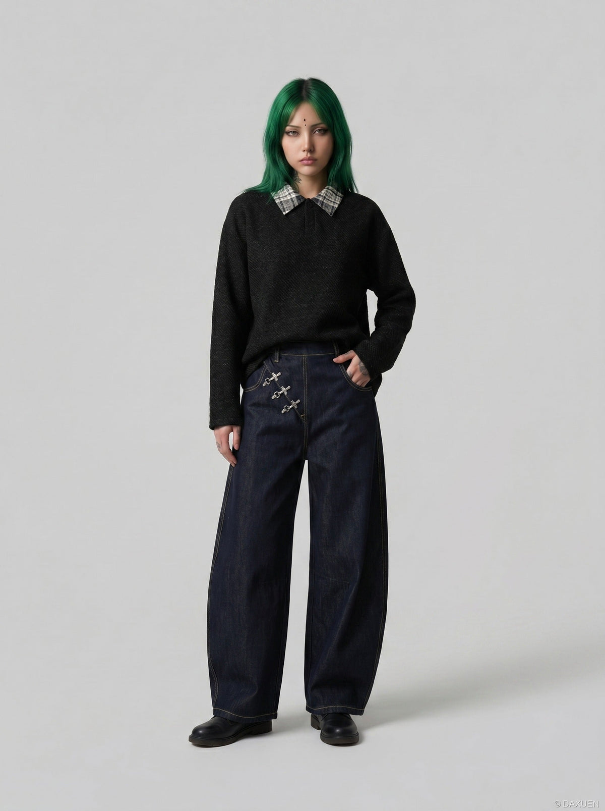DAXUEN Wide-leg high-waisted denim pants with contrast stitching — model photo