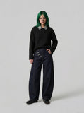 DAXUEN Wide-leg high-waisted denim pants with contrast stitching — model photo