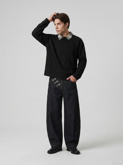 DAXUEN Wide-leg high-waisted denim pants with contrast stitching — model photo