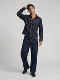 DAXUEN Dark indigo wide-leg jeans with contrasting stitching — model photo