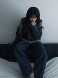 DAXUEN Indigo wide-leg jeans with golden-yellow stitching — model photo