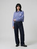 DAXUEN Indigo wide-leg jeans with golden-yellow stitching — model photo