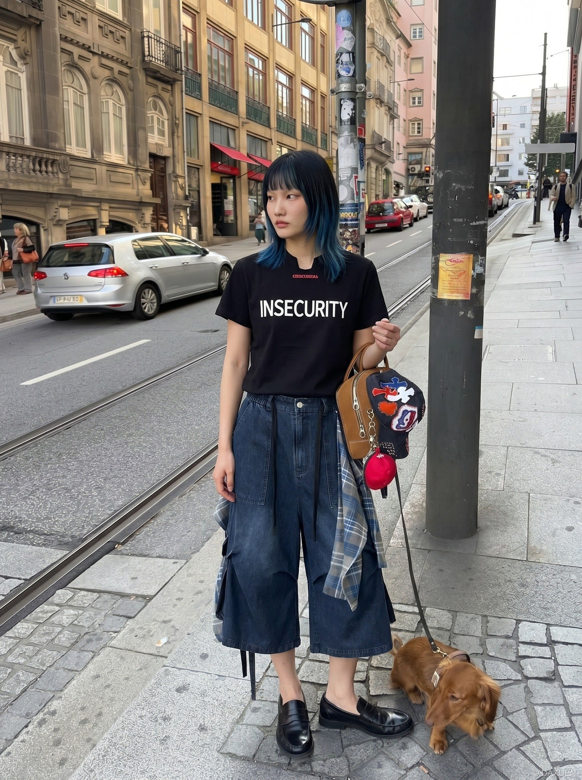 DAXUEN Short-sleeved graphic T-shirt with text prints — model photo