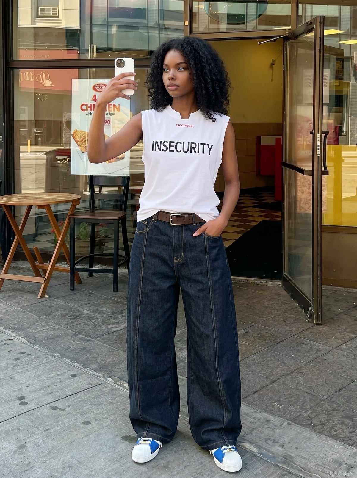 DAXUEN Short-sleeved graphic T-shirt with text prints — model photo