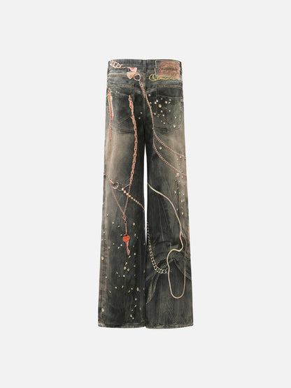DAXUEN dark grey wide-leg chain denim jeans
