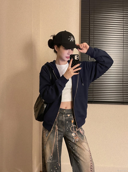 DAXUEN dark grey wide-leg chain denim jeans — model photo
