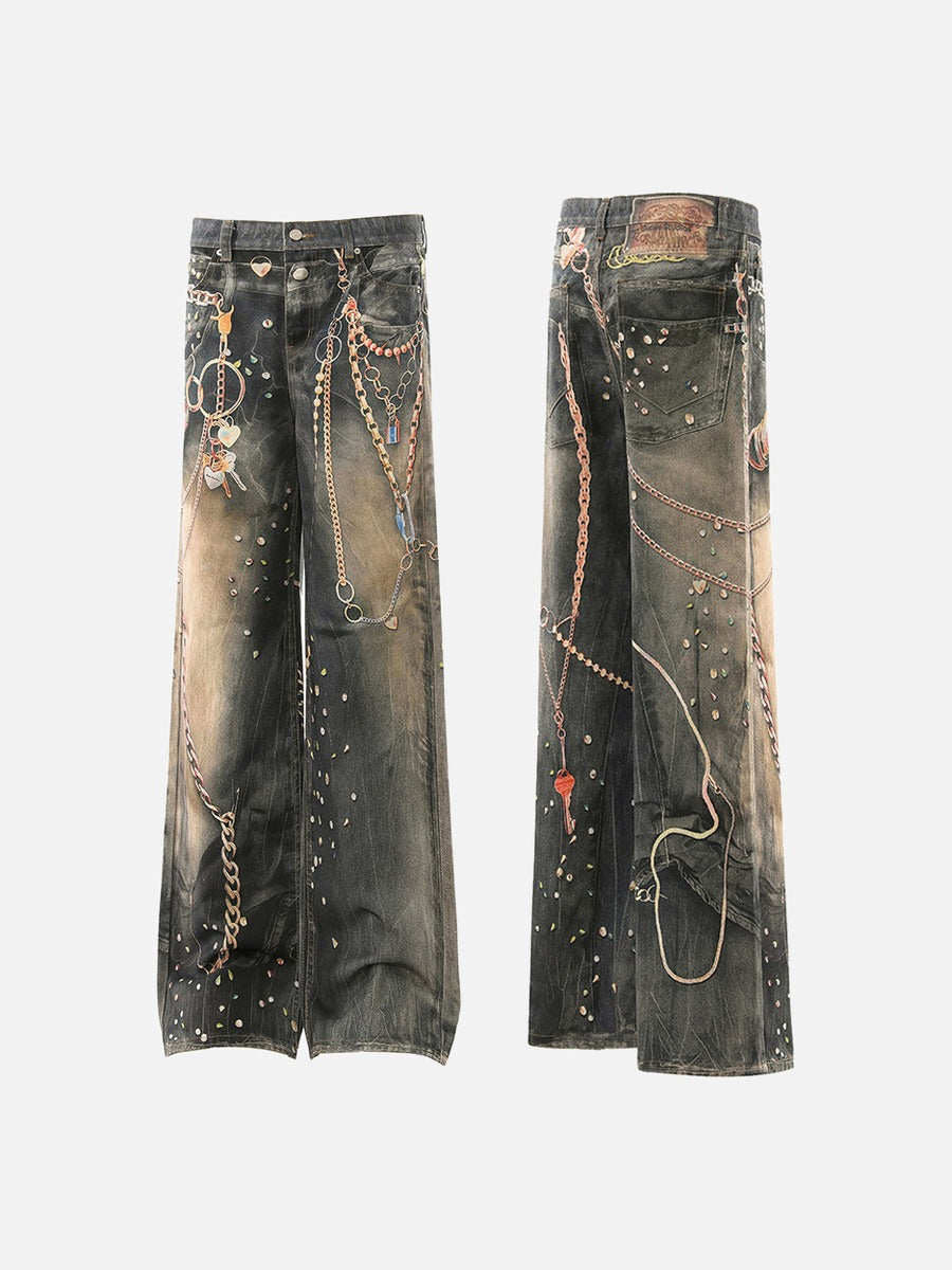 DAXUEN dark grey wide-leg chain denim jeans