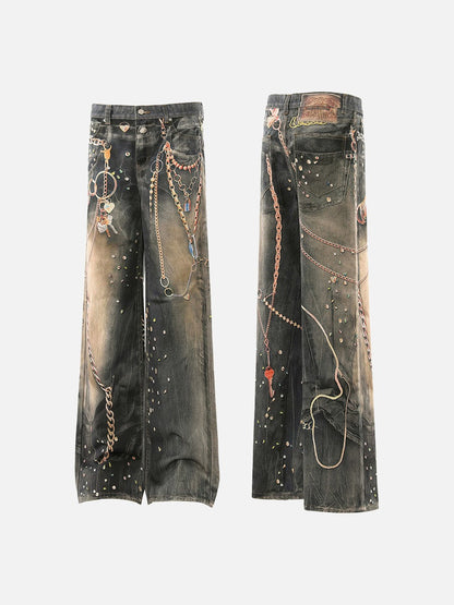 DAXUEN dark grey wide-leg chain denim jeans