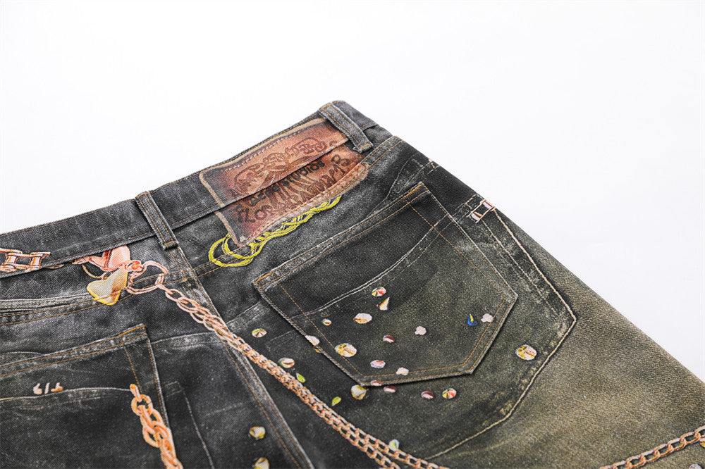 DAXUEN dark grey wide-leg chain denim jeans