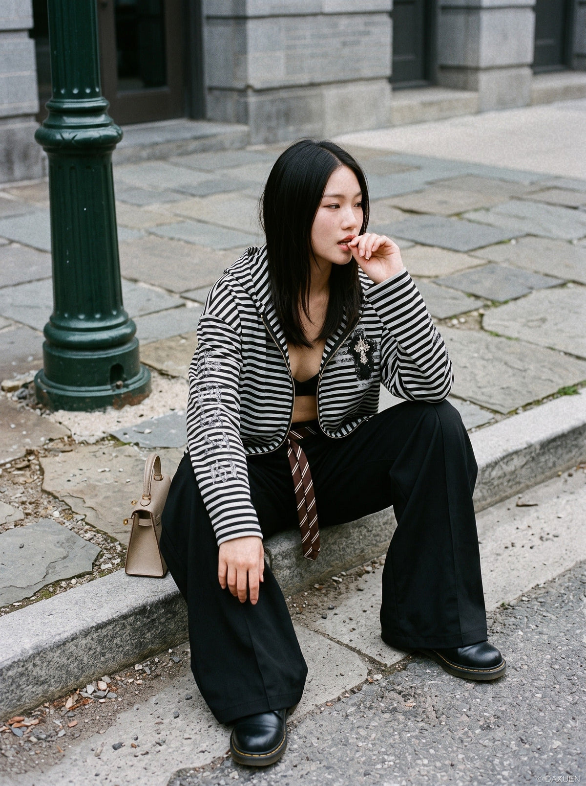 DAXUEN black horizontal stripe intricate cross graphic hoodie sweatshirt — model photo