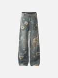 DAXUEN washed blue wide-leg floral print denim jeans