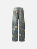 DAXUEN washed blue wide-leg floral print denim jeans