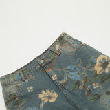 DAXUEN washed blue wide-leg floral print denim jeans
