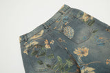 DAXUEN washed blue wide-leg floral print denim jeans