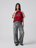DAXUEN washed blue wide-leg floral print denim jeans — model photo