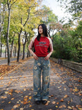 DAXUEN washed blue wide-leg floral print denim jeans — model photo