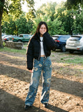 DAXUEN washed blue wide-leg floral print denim jeans — model photo