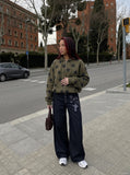 DAXUEN dark indigo wide-leg gothic graphic denim pants — model photo