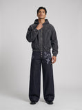 DAXUEN dark indigo wide-leg gothic graphic denim pants — model photo