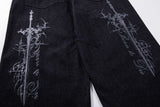 DAXUEN dark indigo wide-leg gothic graphic denim pants