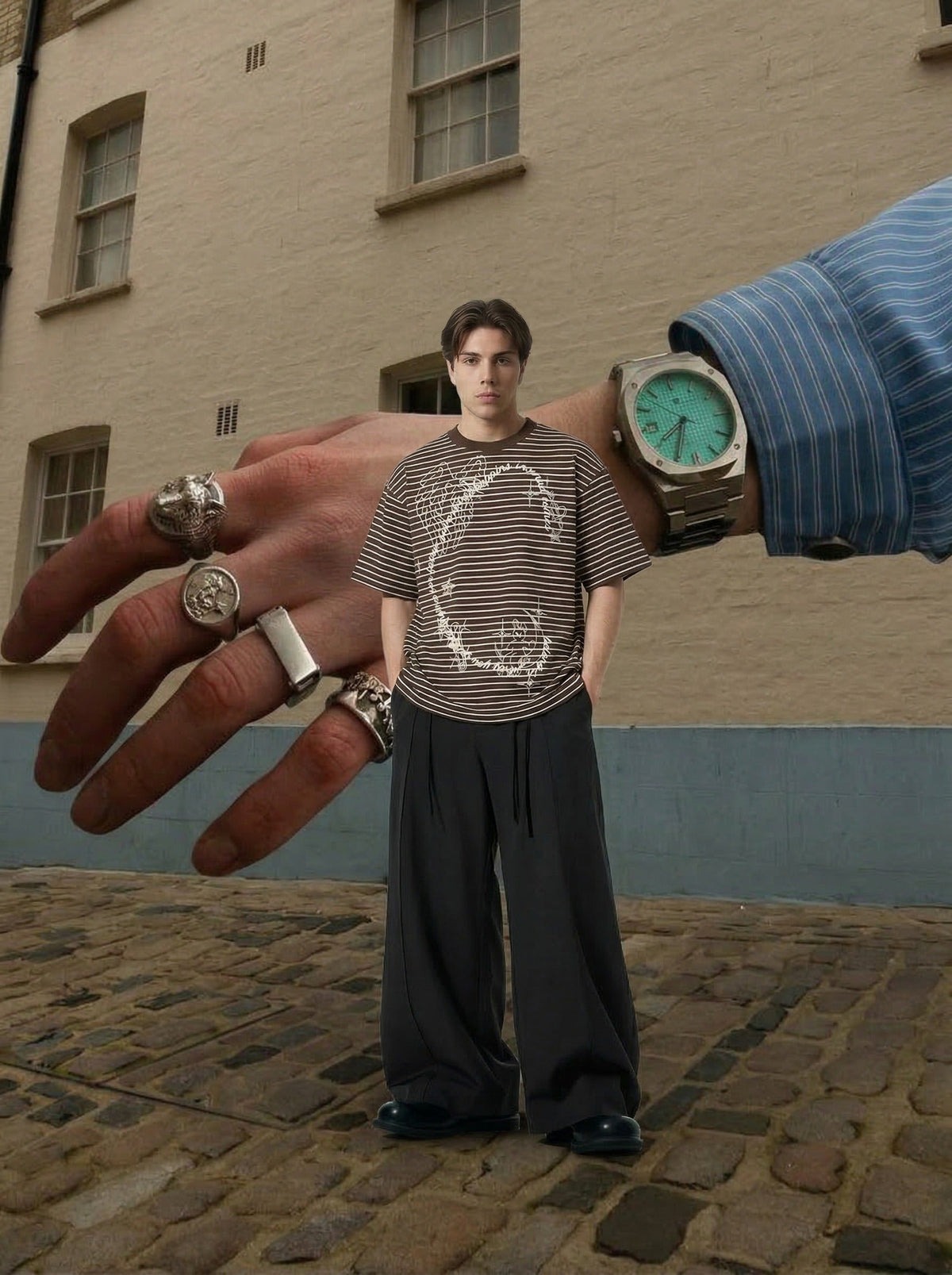 DAXUEN Intricate graphic striped short-sleeved t-shirt — model photo