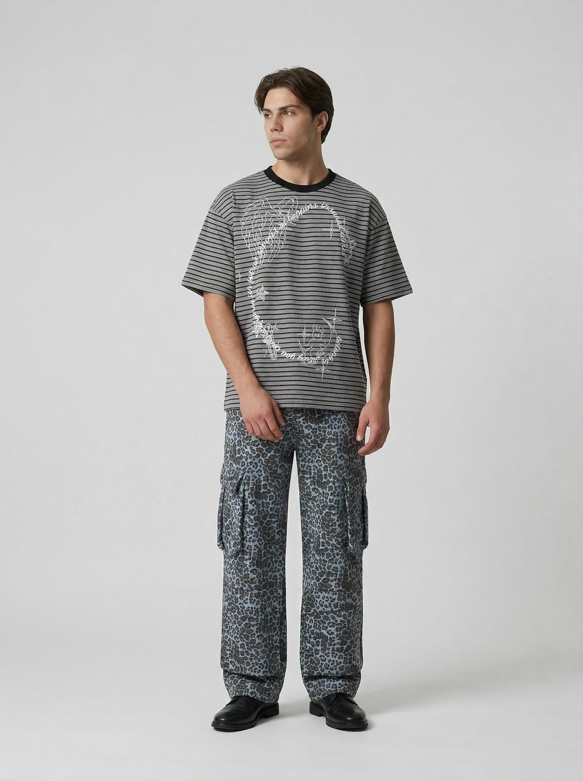 DAXUEN Intricate graphic striped short-sleeved t-shirt — model photo