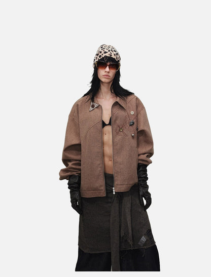 DAXUEN brown oversized jacket with intricate orbital design
