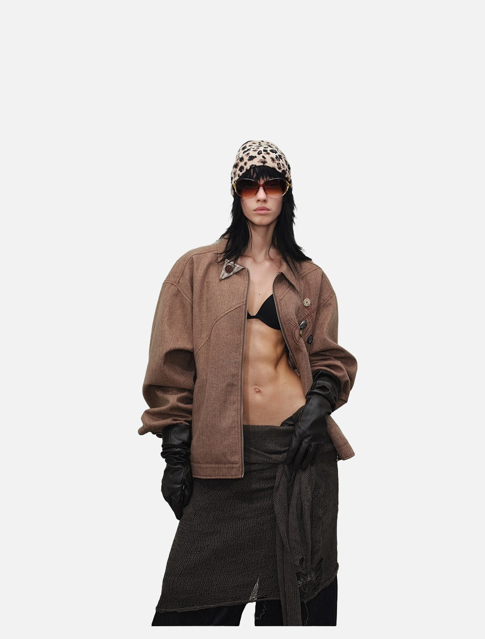 DAXUEN brown oversized jacket with intricate orbital design