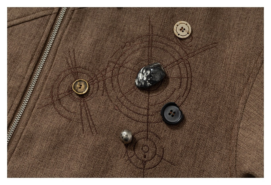 DAXUEN brown oversized jacket with intricate orbital design