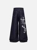 DAXUEN dark indigo blue wide-leg graphic jeans
