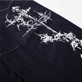 DAXUEN dark indigo blue wide-leg graphic jeans