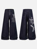 DAXUEN dark indigo blue wide-leg graphic jeans