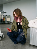 DAXUEN dark indigo blue wide-leg graphic jeans — model photo