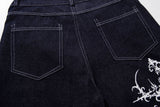 DAXUEN dark indigo blue wide-leg graphic jeans