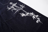 DAXUEN dark indigo blue wide-leg graphic jeans
