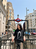 DAXUEN black oversized inverted U-graphic T-shirt — model photo