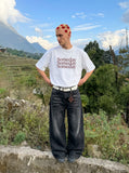 DAXUEN navy blue oversized italicized-serif graphic t-shirt — model photo