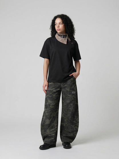 DAXUEN Short-sleeved chef's uniform top with plaid collar — model photo