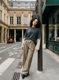 DAXUEN khaki wide-leg trousers with checkered waistband — model photo