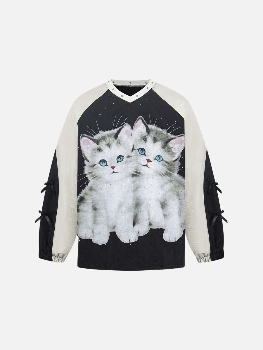 DAXUEN Black oversized pullover with kitten graphic and studs