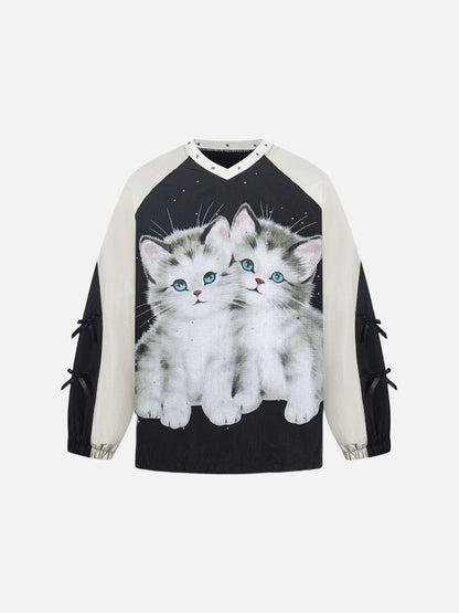 DAXUEN Black oversized pullover with kitten graphic and studs