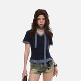 Plaid tie V-neck knit top
