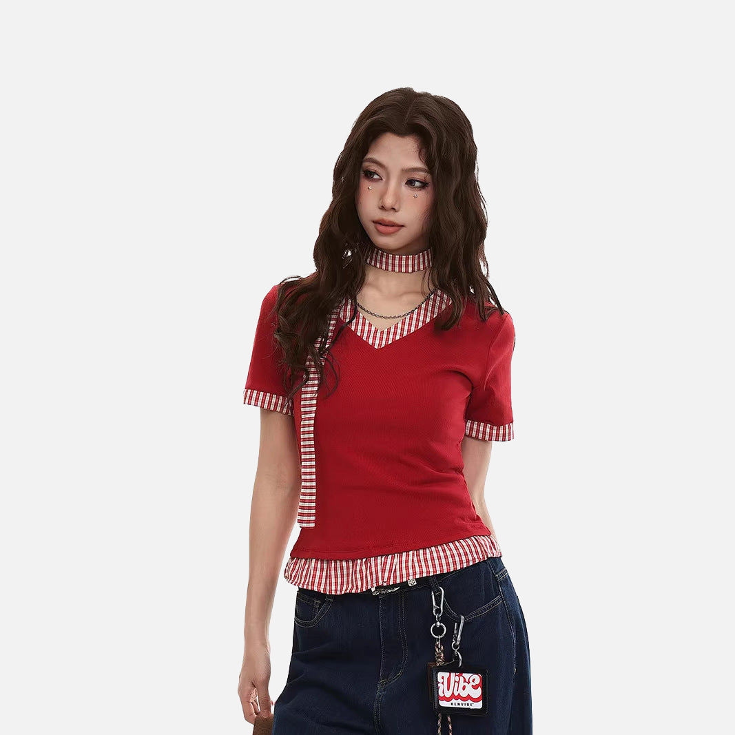 Plaid tie V-neck knit top