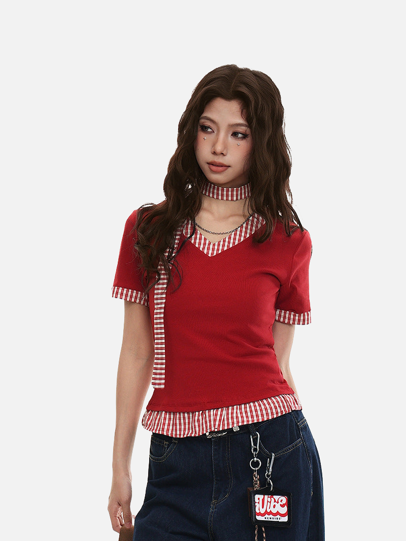 Plaid tie V-neck knit top