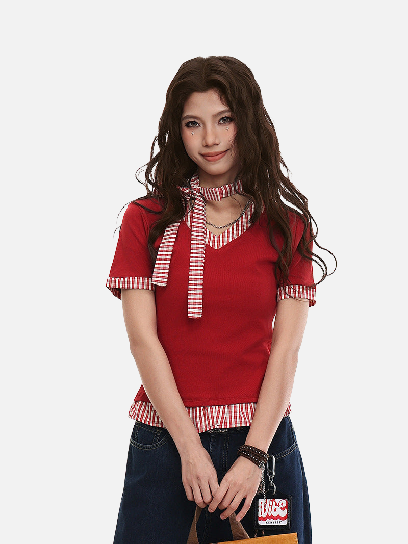 Plaid tie V-neck knit top