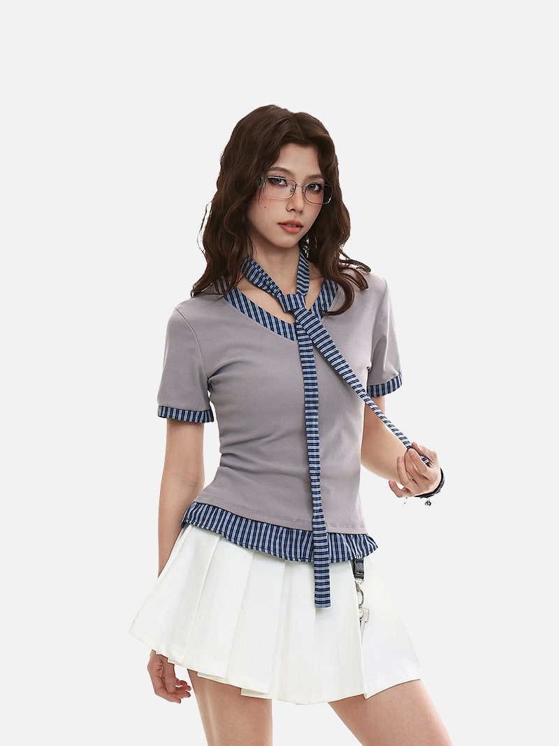 Plaid tie V-neck knit top