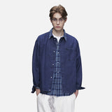 DAXUEN dark blue denim and plaid layered look shirt