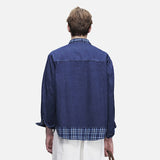 DAXUEN dark blue denim and plaid layered look shirt
