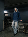 DAXUEN dark blue denim and plaid layered look shirt — model photo